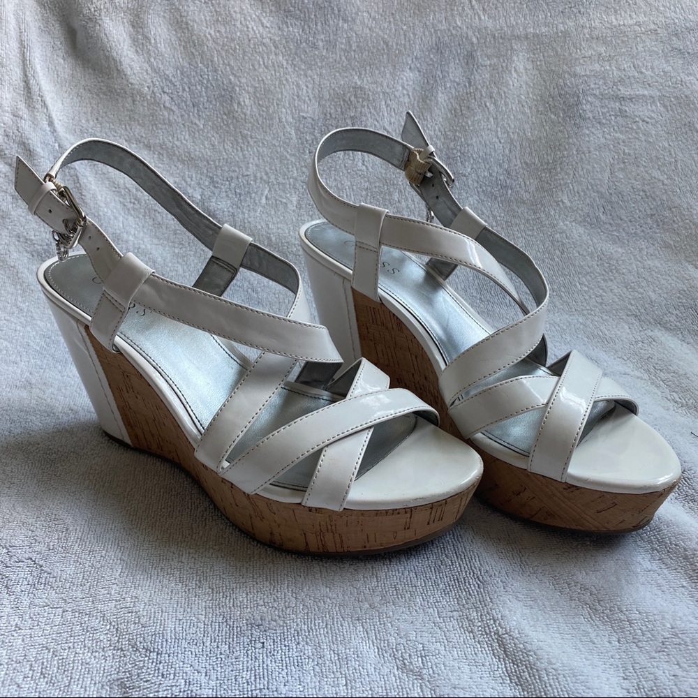 Guess White Strappy Cork Wedges